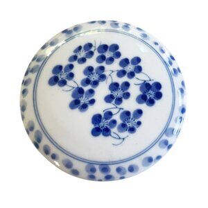 Vintage Japan Blue and White Hand Painted Porcelain Round Lidded Trinket Box